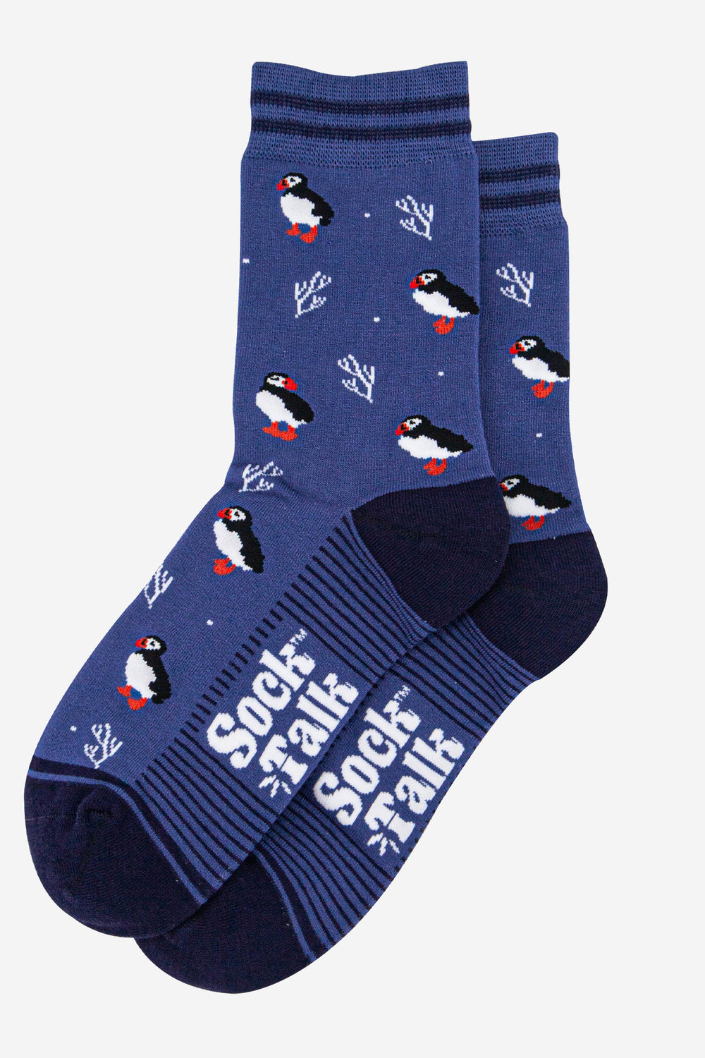 womens-bamboo-socks-denim-blue-navy-blue-puffins-and-coral-laying-flat
