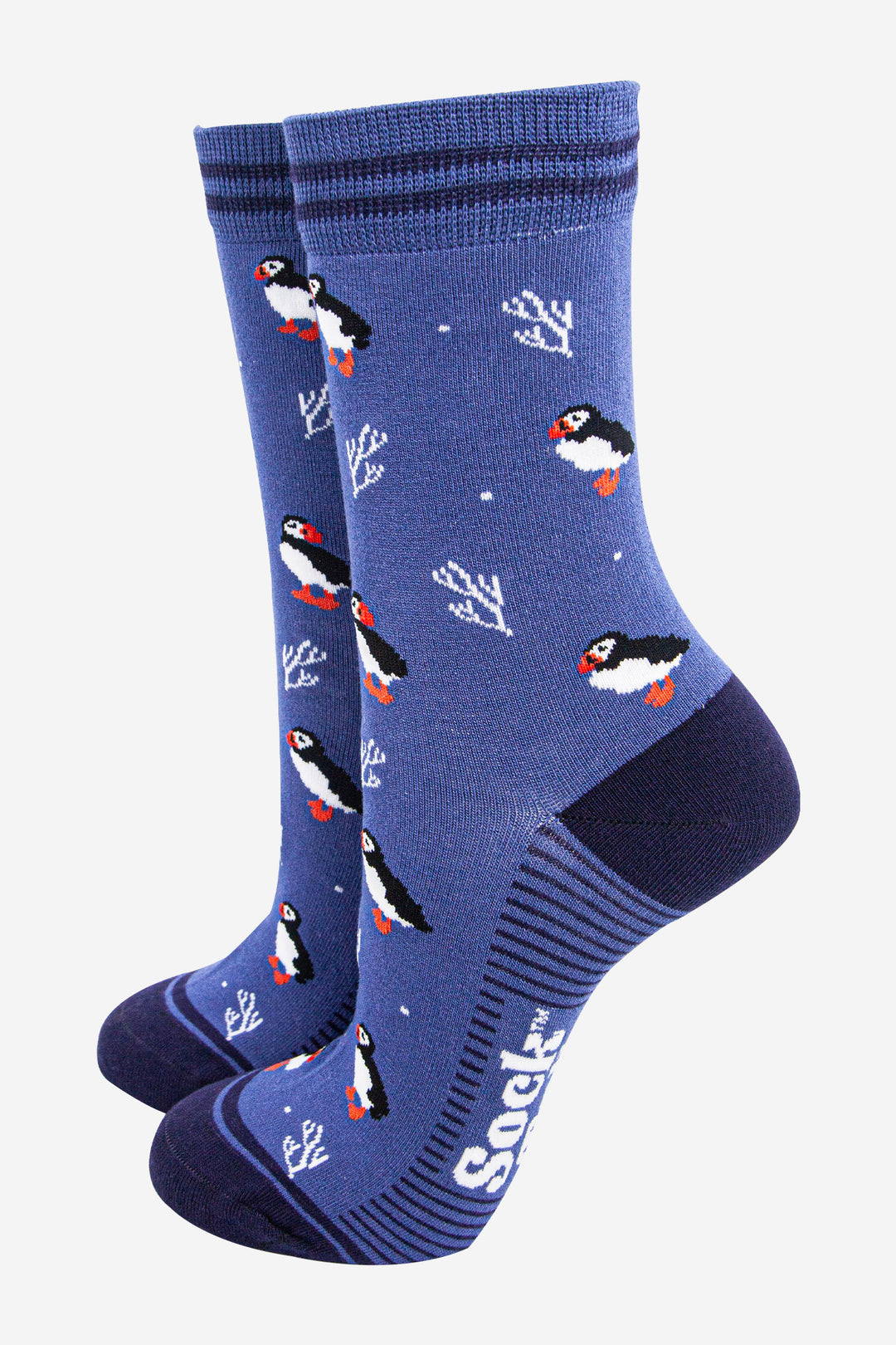 womens-bamboo-socks-denim-blue-navy-blue-puffins-and-coral-nautical
