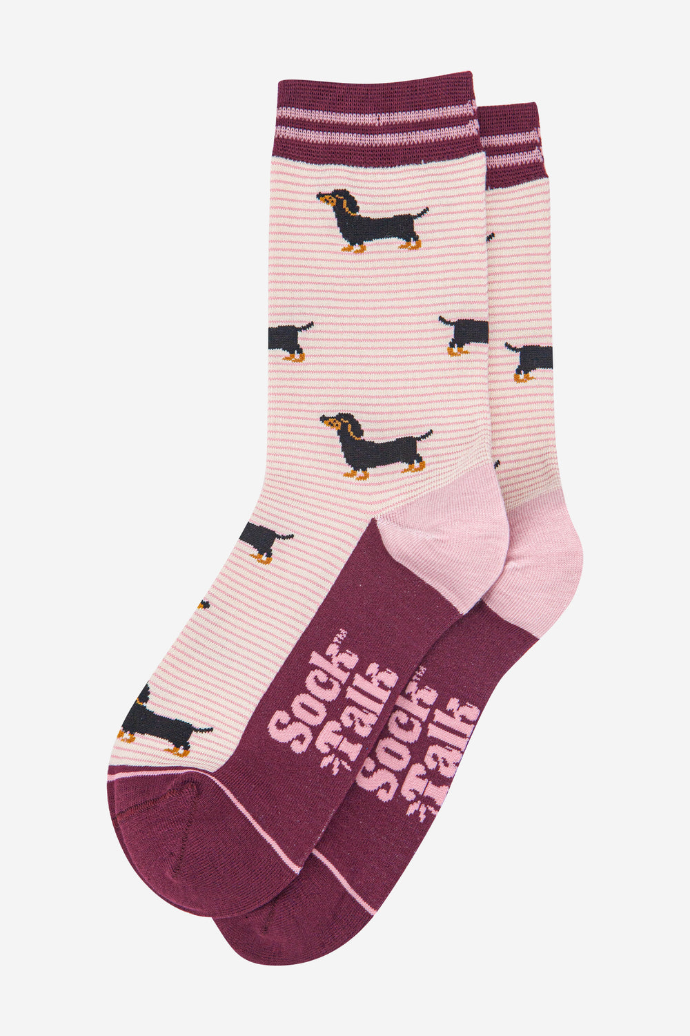 womens-bamboo-socks-cream-berry-sausage-dog-stripes-laying-flat