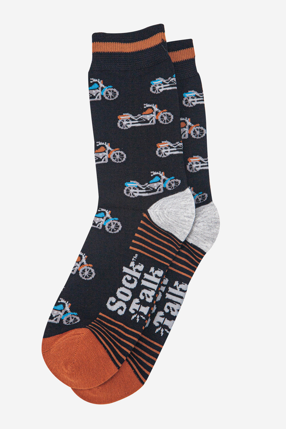 mens-bamboo-socks-black-orange-motorbikes-laying-flat