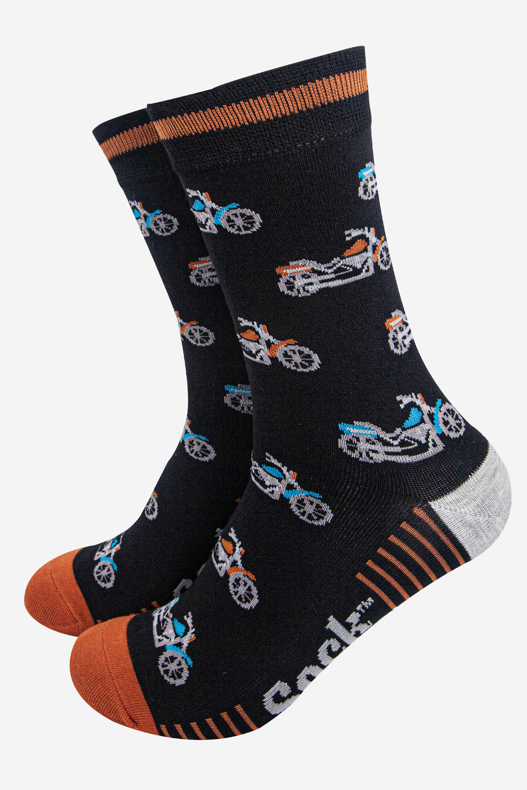 mens-bamboo-socks-black-orange-motorbikes-biker