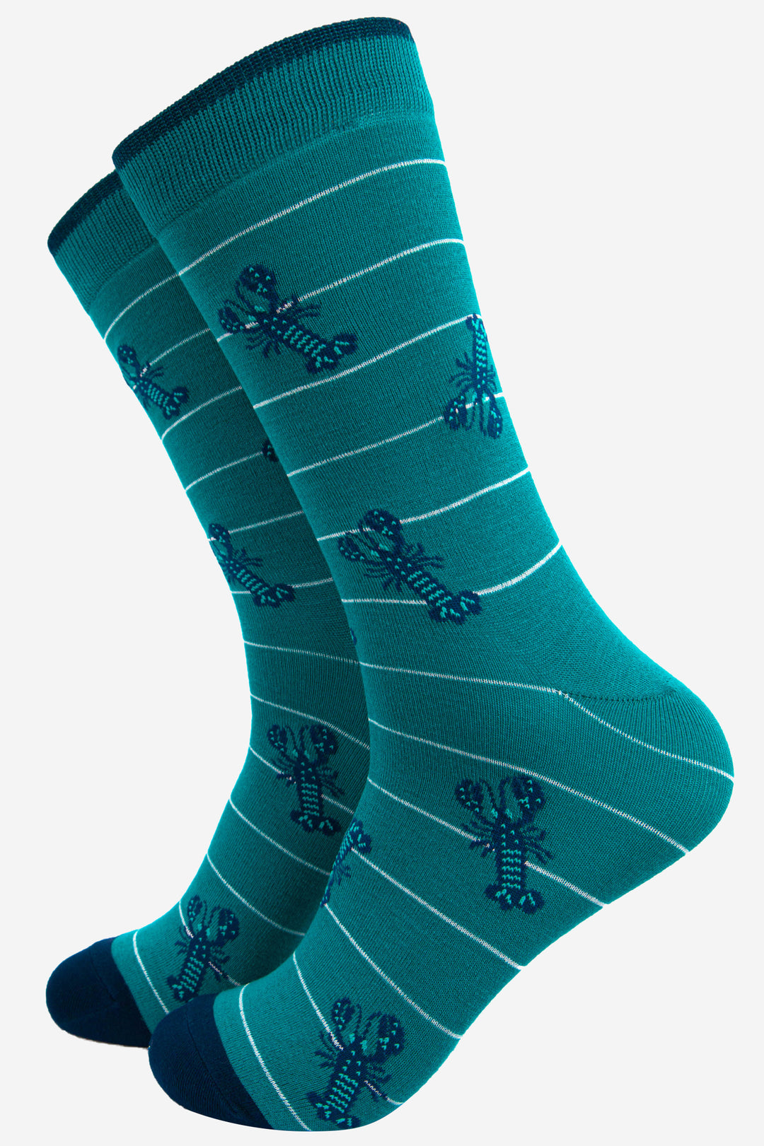 aqua blue mens bamboo dress socks with an all over blue lobster print and white horizontal stripe pattern