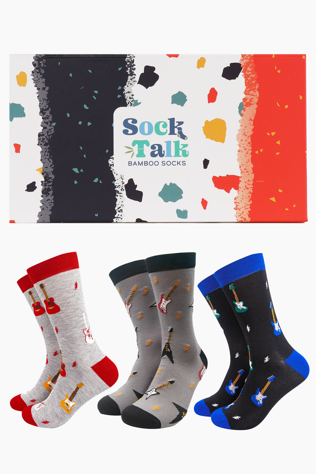 multicoloured abstract print gift box with three pairs of guitar themed bamboo socks