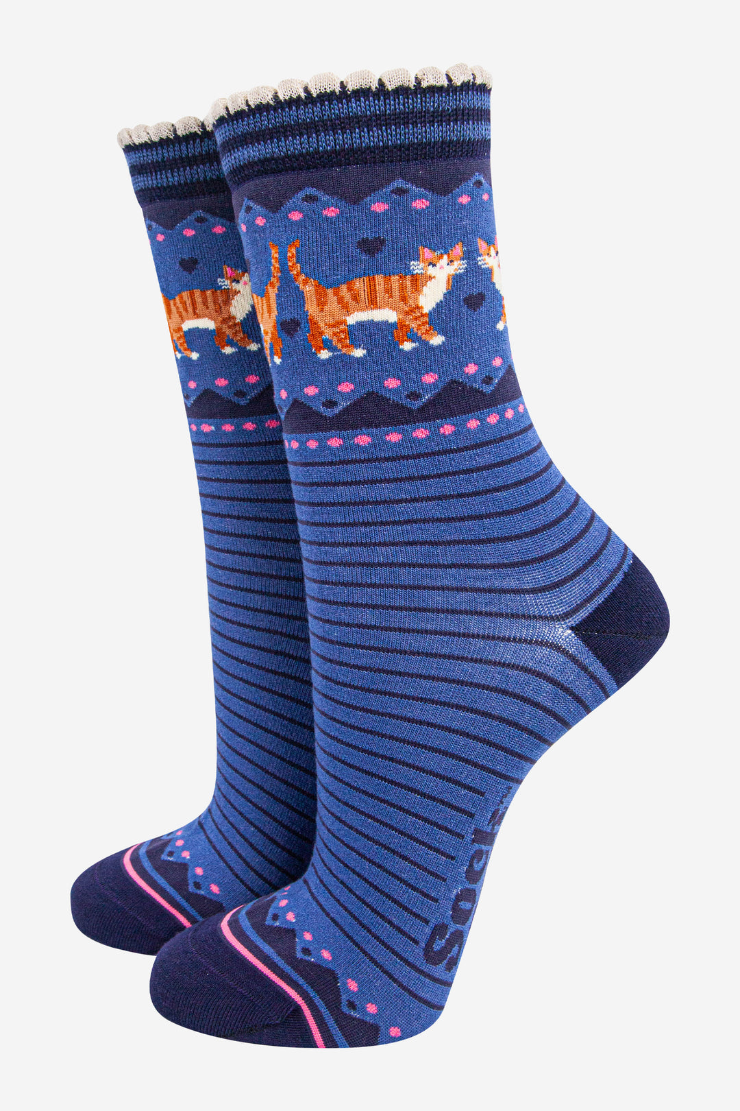 womens-bamboo-socks-denim-blue-navy-blue-ginger-cats-pets