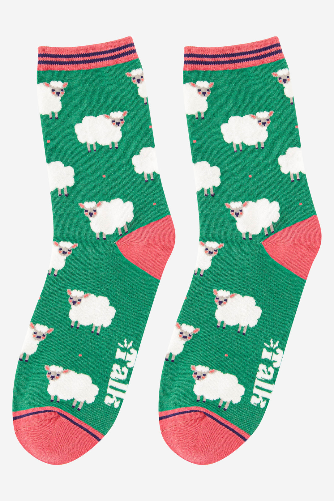 green, pink and white spring lamb woollly sheep pattern bamboo ankle socks.