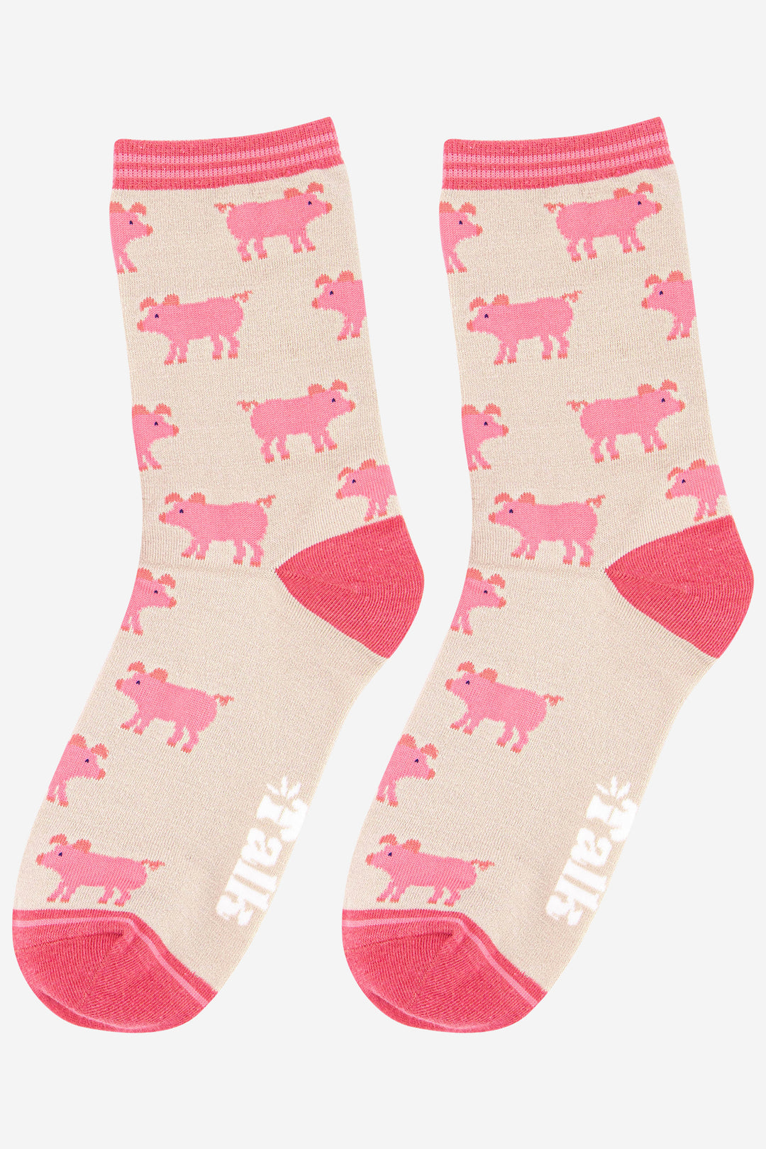 yellow and pink pig pattern ankle socks