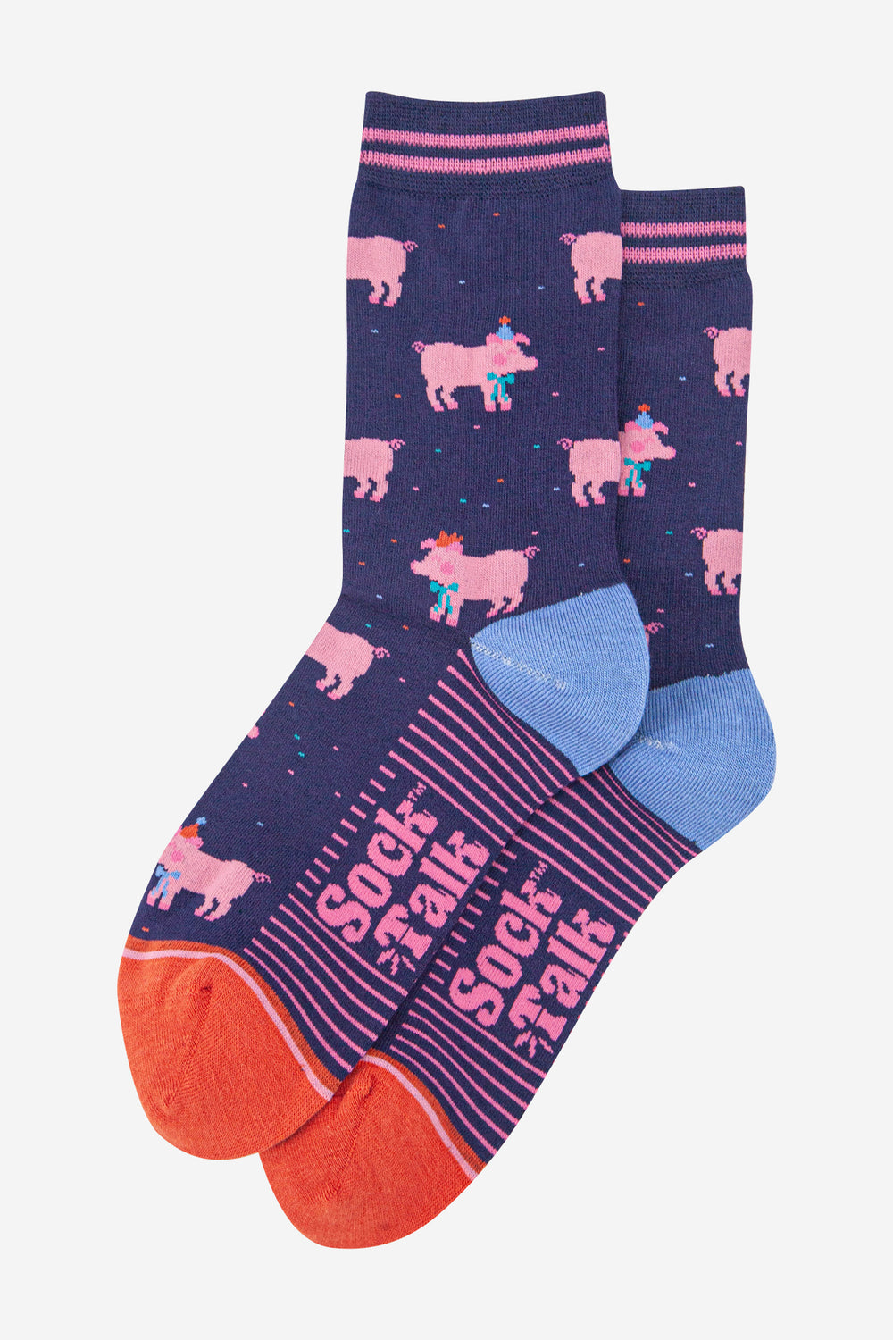 womens-bamboo-socks-navy-blue-orange-party-pigs-laying-flat