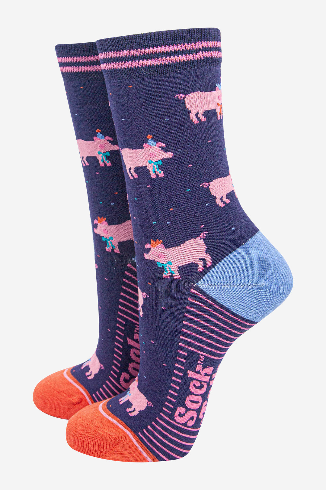 womens-bamboo-socks-navy-blue-orange-party-pigs-fun-animals