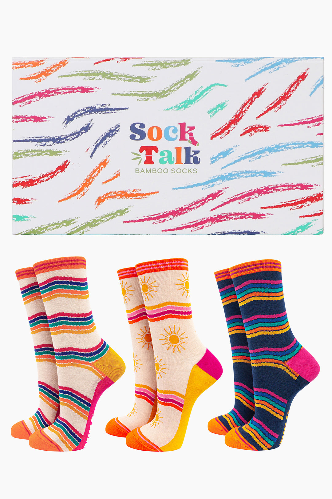 an artistically designed multicoloured gift box with three pairs of multicoloured rainbow stripe and sunshine pattern bamboo socks
