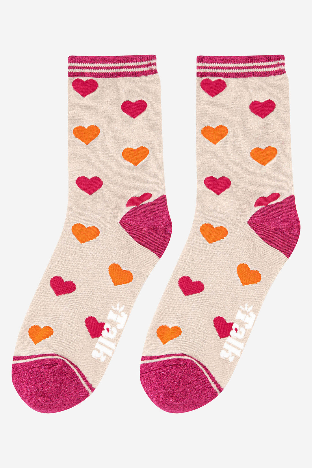 women's love heart print bamboo ankle socks with a glitter heel, toe and cuff.