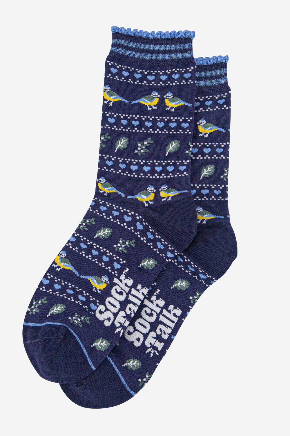 womens-bamboo-socks-navy-blue-blue-tit-fair-isle-laying-flat