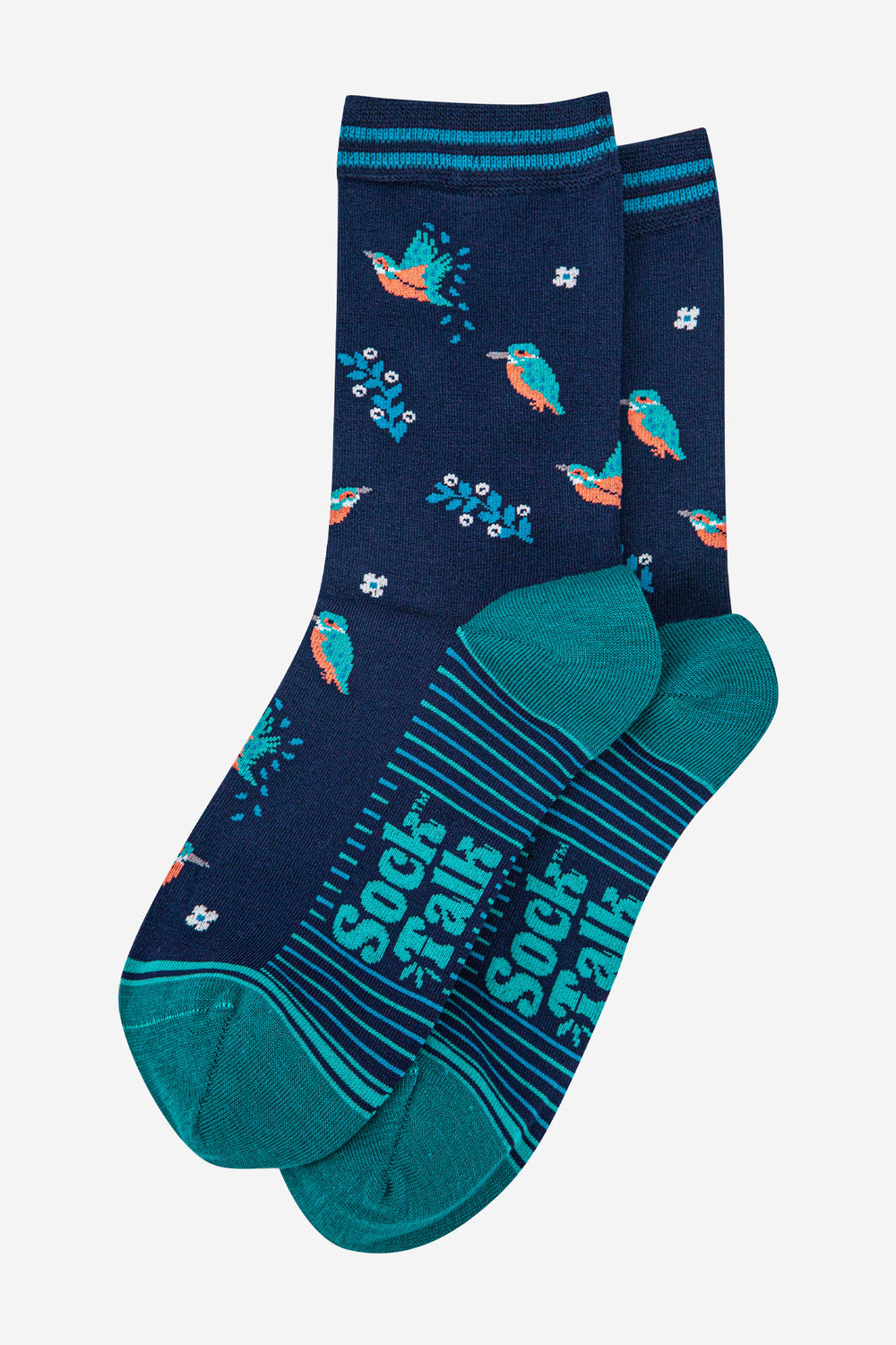 womens-bamboo-socks-navy-blue-teal-kingfishers-laying-flat