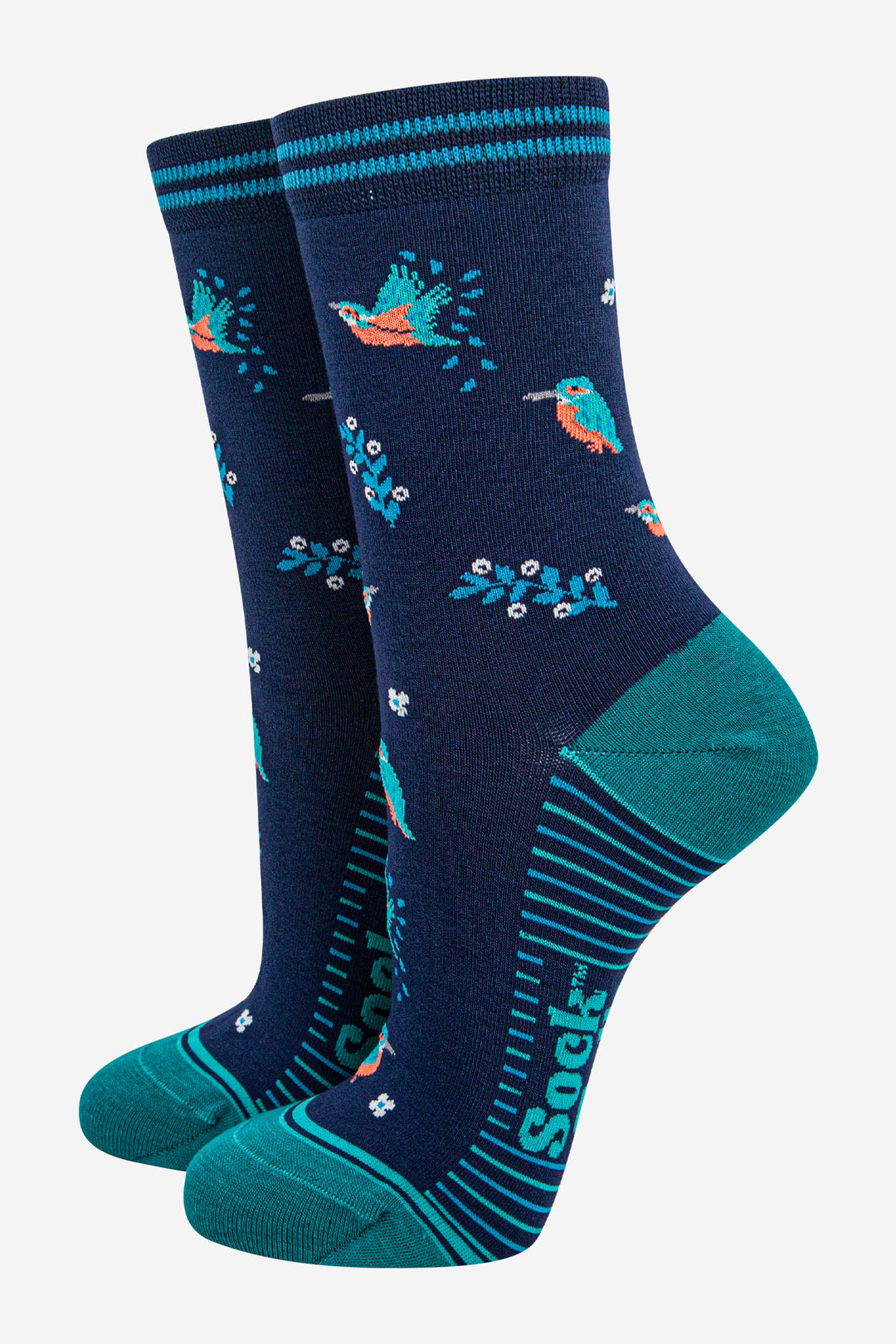 womens-bamboo-socks-navy-blue-teal-kingfishers-birds
