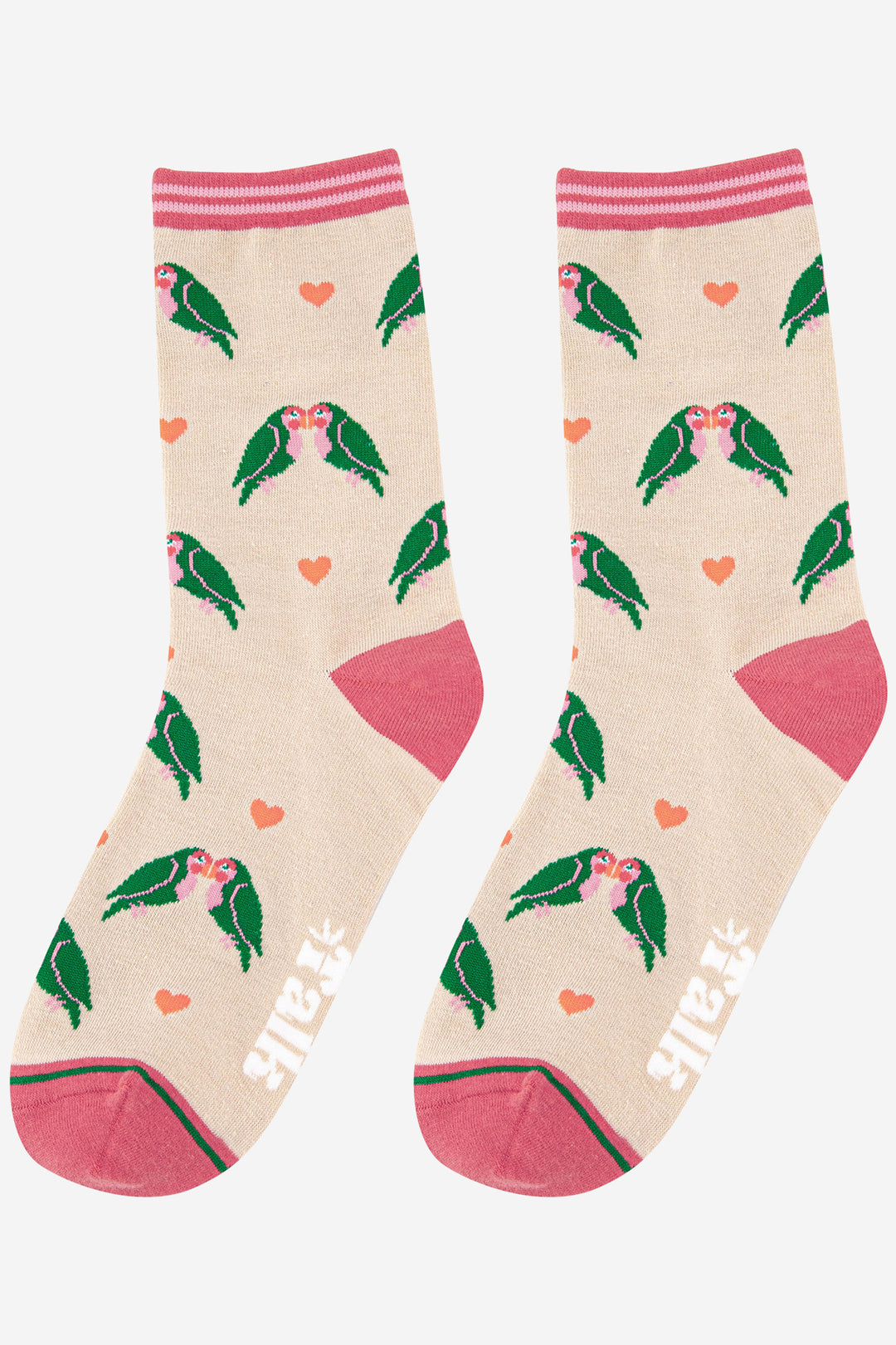 cream and pink love bird ankle socks