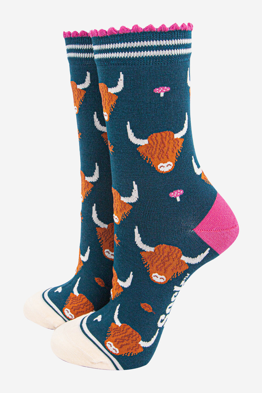 womens-bamboo-socks-forest-green-cream-highland-cow-leaves-toadstools