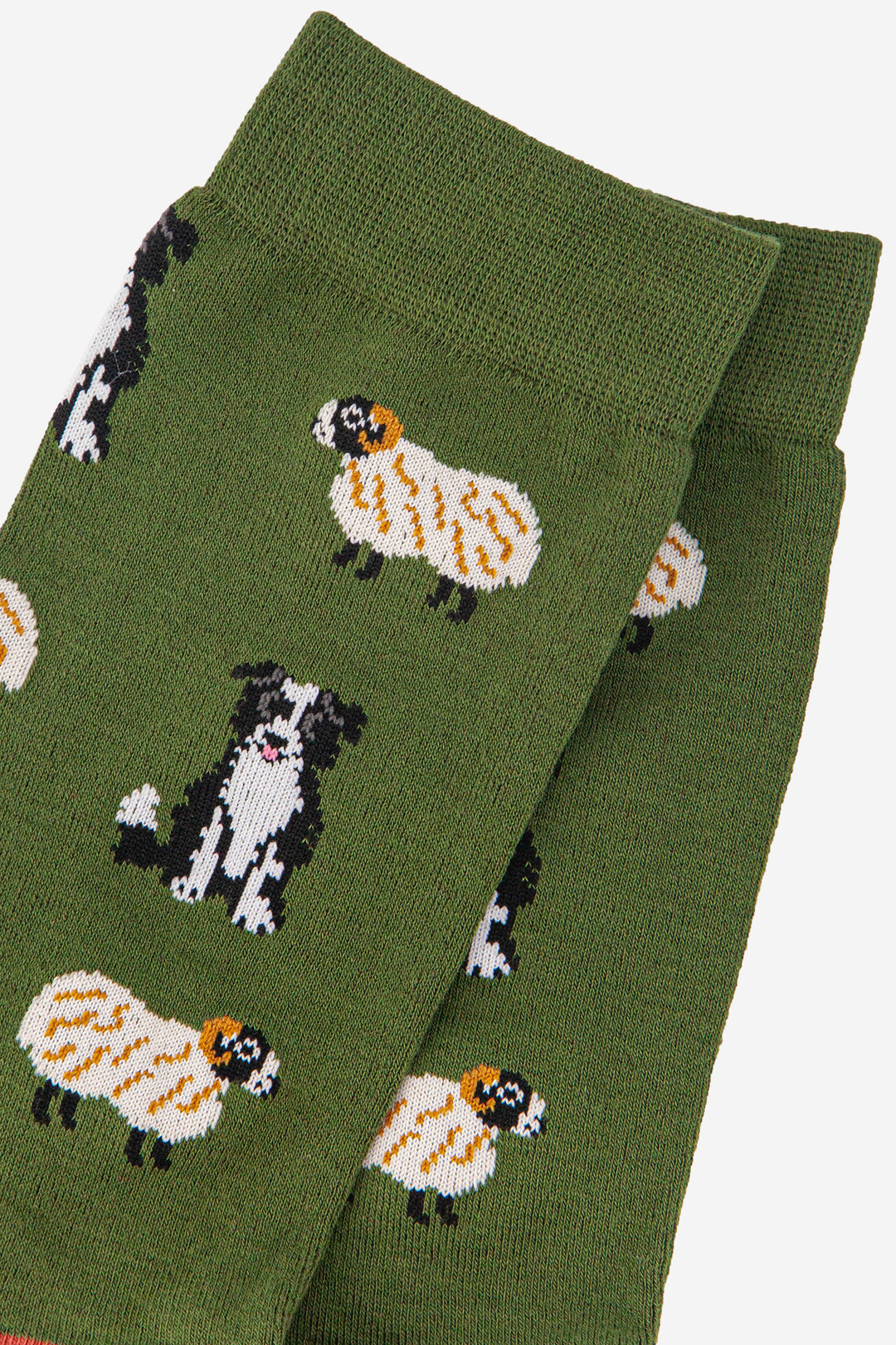 close up of the sheep and sheepdog design on the socks