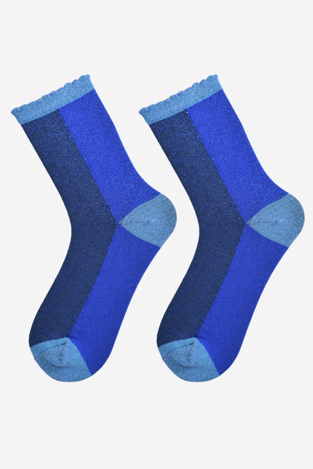 showing the royal blue and navy blue colour block glitter socks laying flat, they have a light blue toe, heel and cuff and an all over glitter sparkle