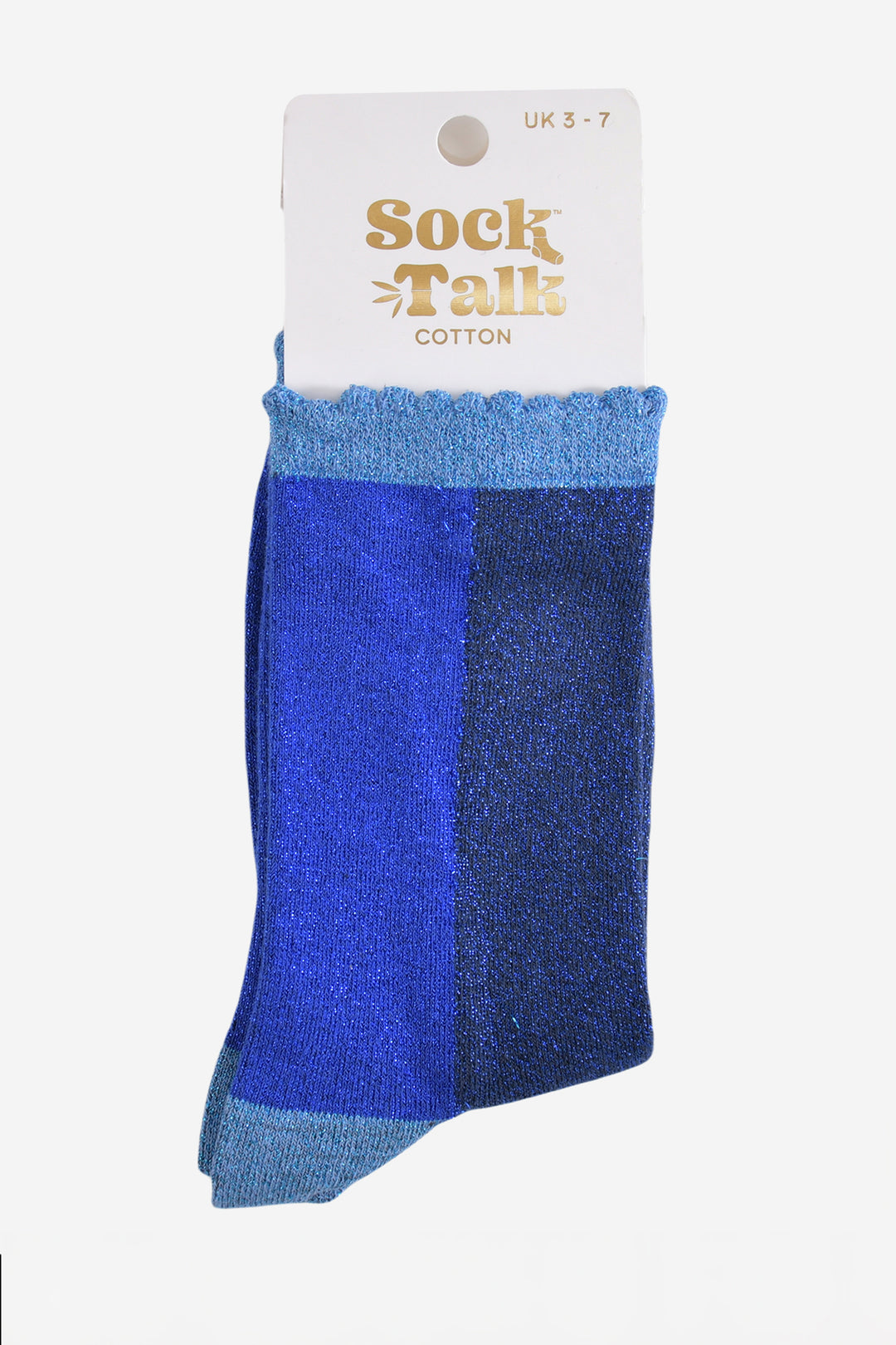 blue and navy blue glitter ankle socks in their sock talk packaging, these socks are a uk size 3-7