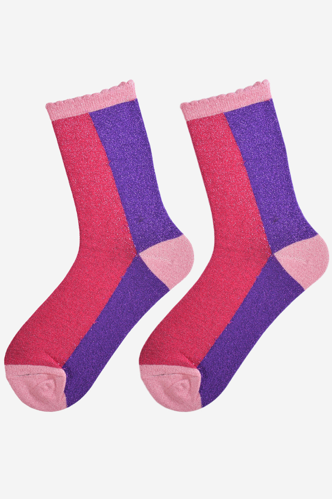 showing the fuchsia pink and purple colour block glitter socks laying flat, they have an all over silver glitter sparkle and light pink toe, heel and cuff