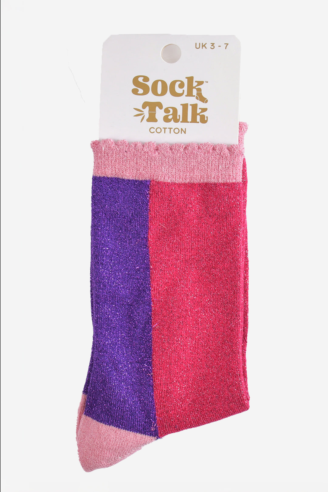 pink and purple colour block glitter socks in their sock talk packaging, these socks are a uk size 3-7