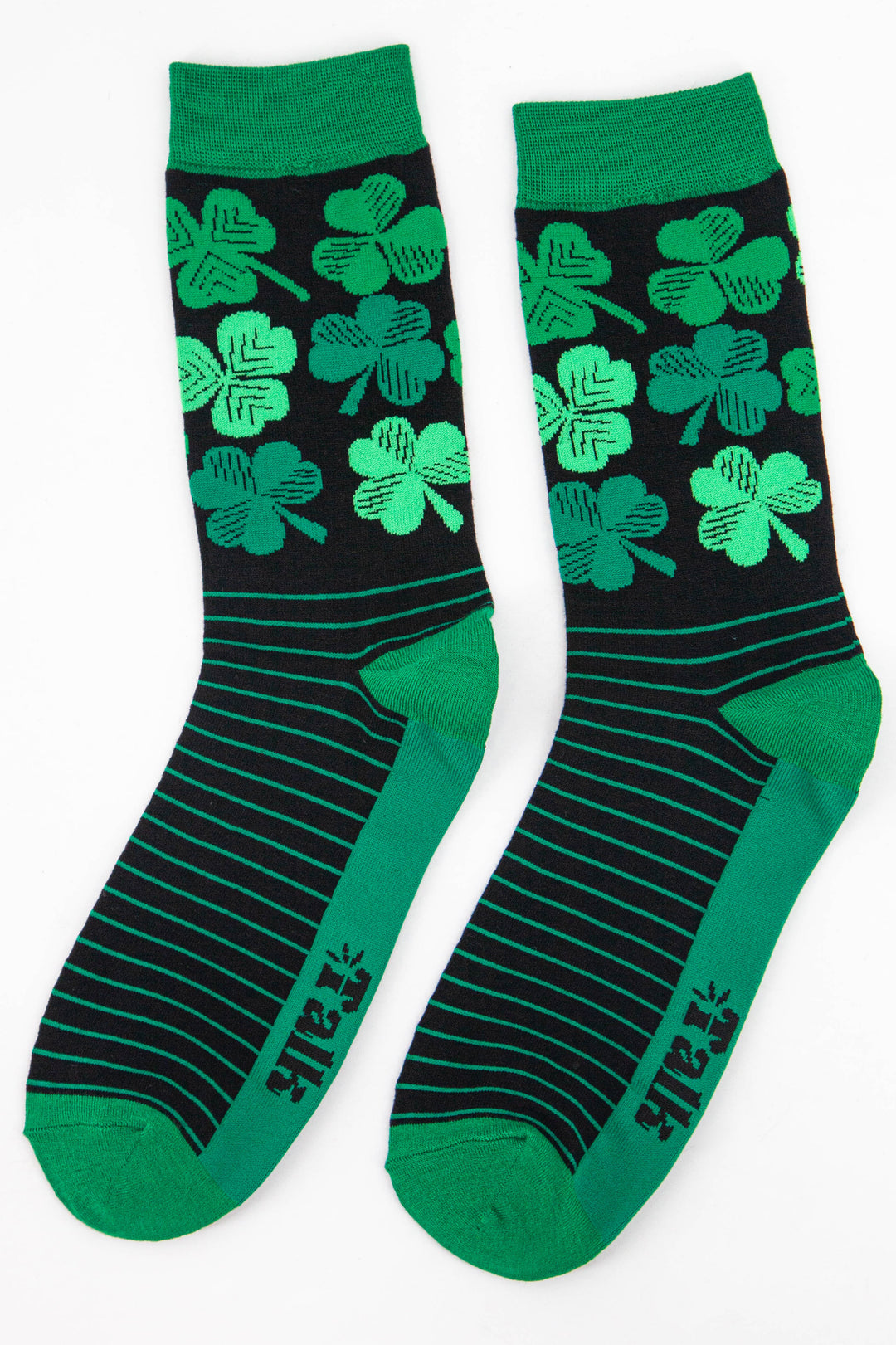 black and green mens bamboo socks with Irish shamrocks and green stripes