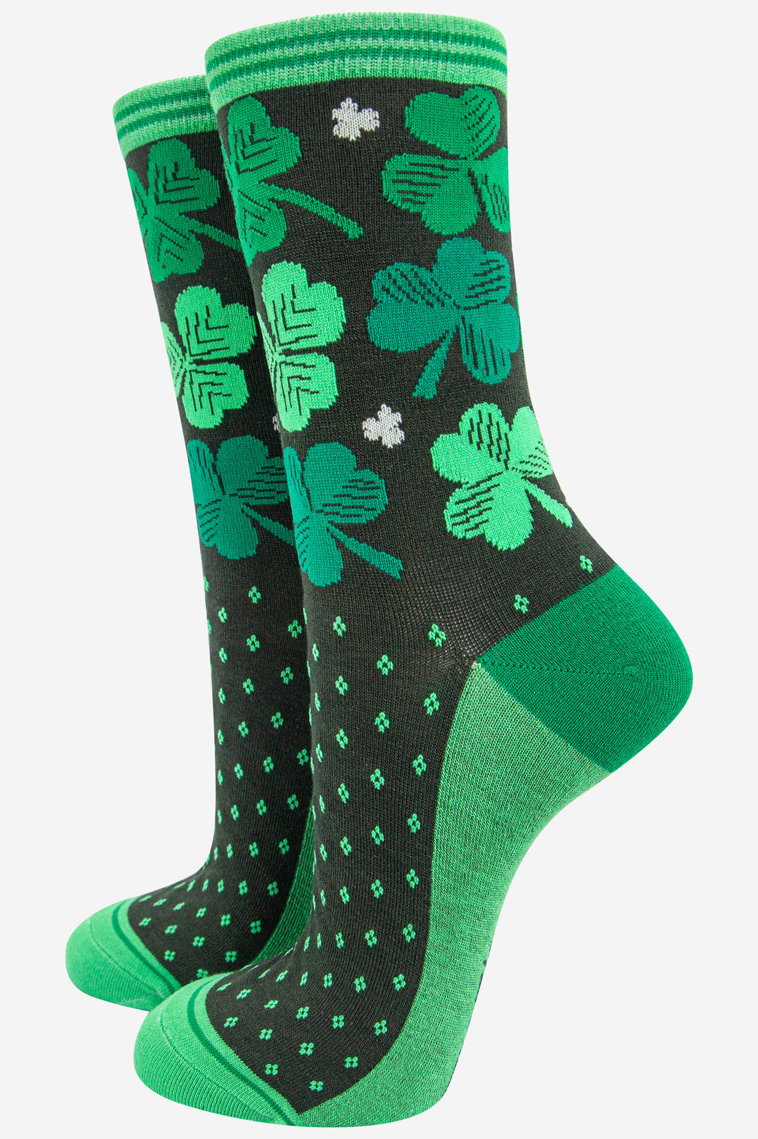 green and black ankle socks with irish shamrocks and four leaf clovers
