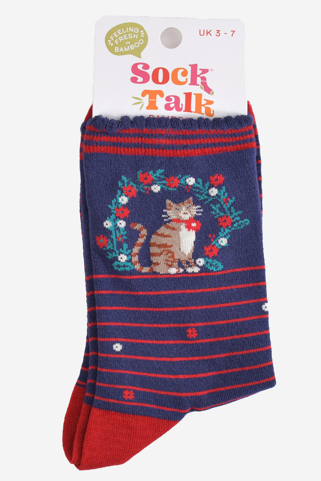 cat and wreath bamboo socks in their sock talk packaging, these socks are a uk size 3-7