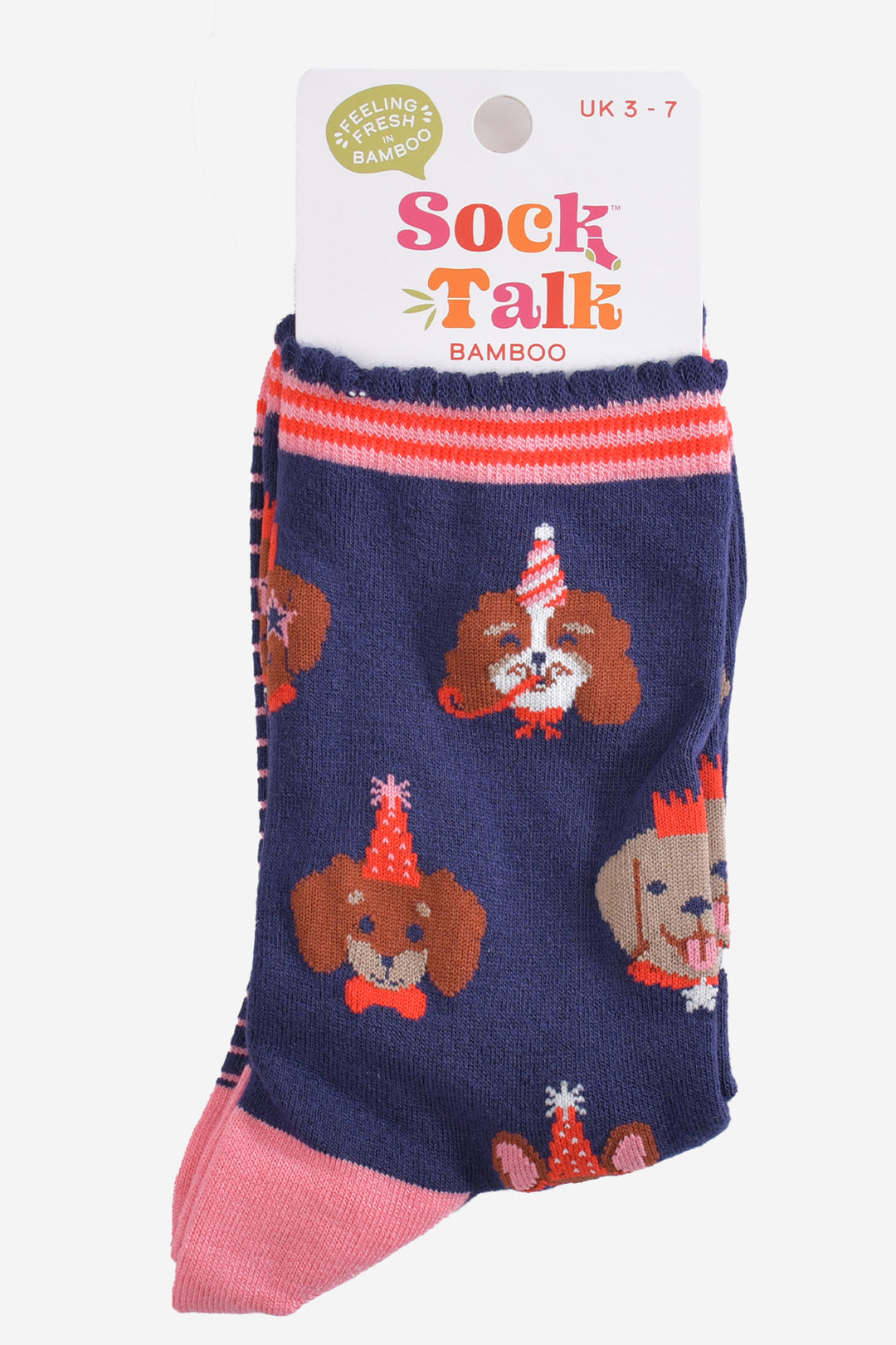 party dog bamboo socks in their sock talk packaging, these socks are a uk size 3-7