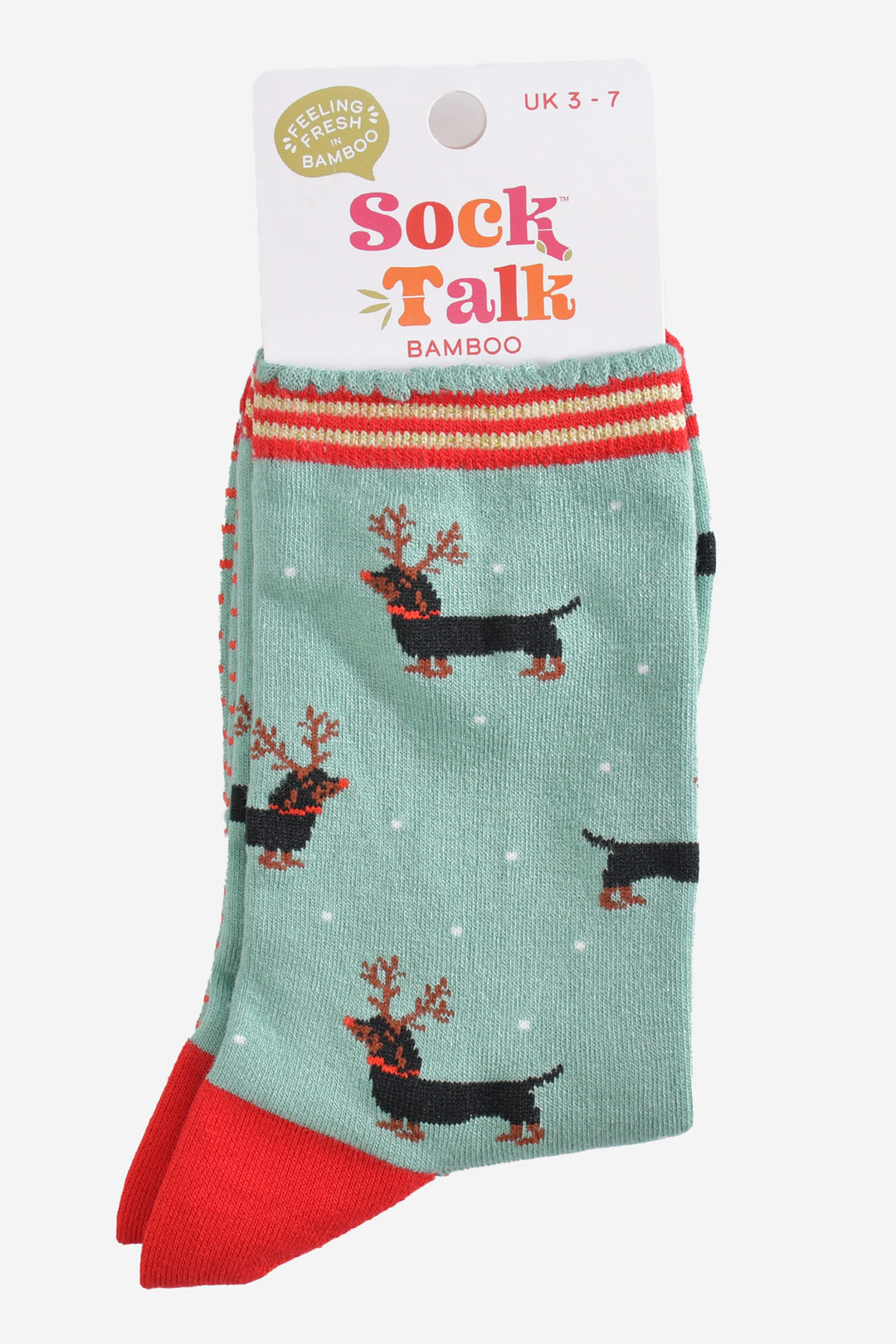 sausage dog christmas reindeer bamboo socks in their sock talk packaging, these socks are a uk size 3-7
