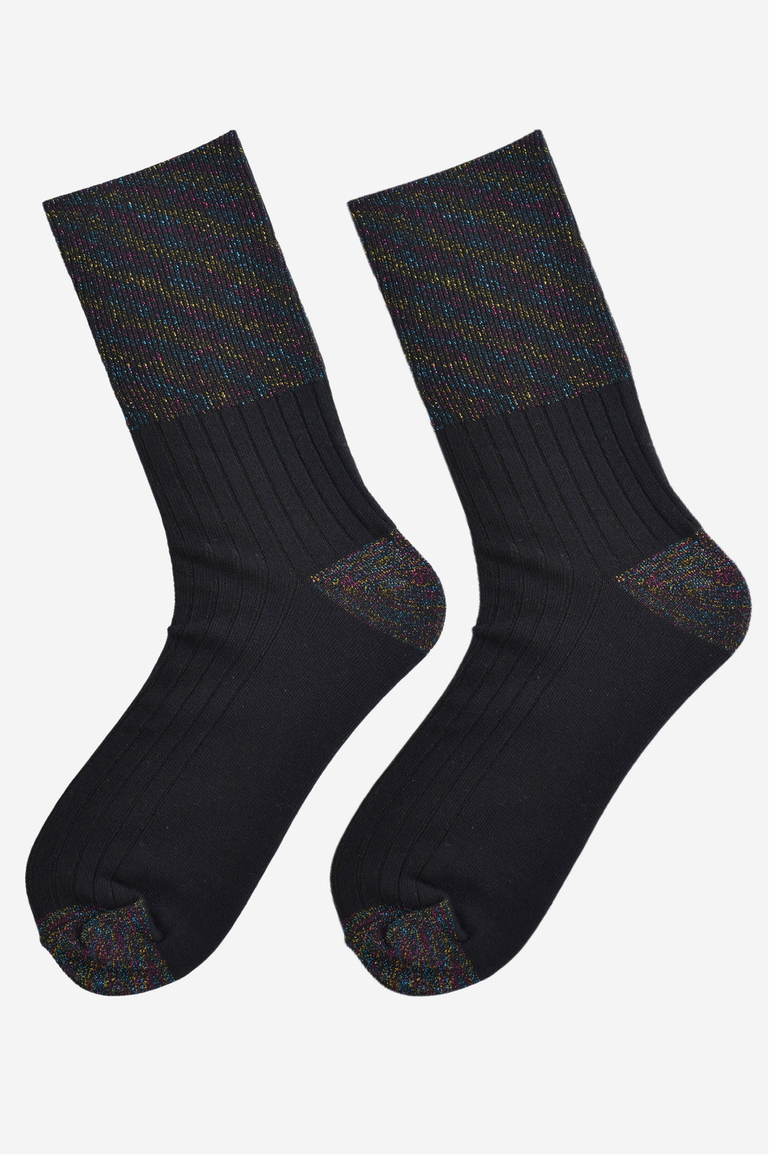showing the socks laying flat, the folding cuff is clearly visible and has an all over rainbow glitter sparkle. the body of the socks are ribbed.