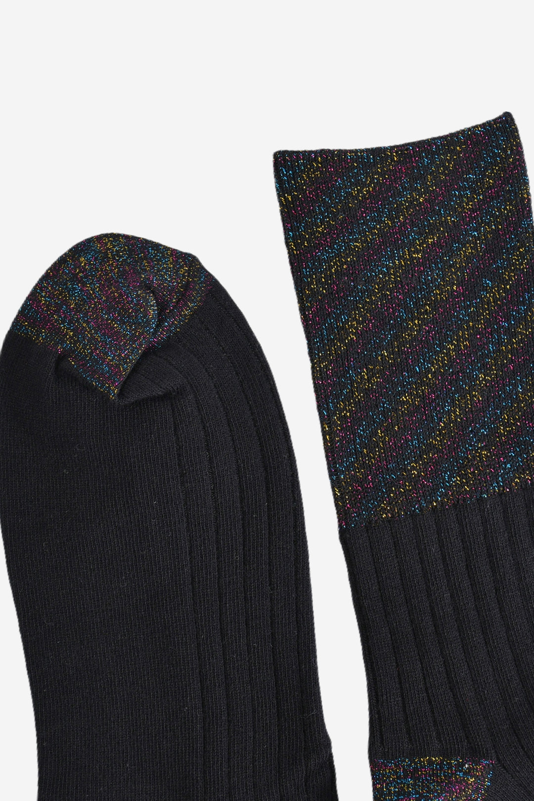 close up of the toe and cuff, both have the black rainbow glitter pattern and contrast the plain black ribbed body of the socks