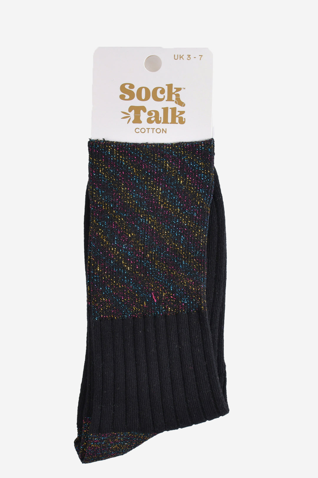 black rainbow folding cuff ankle socks in their sock talk packaging, the socks are a uk size 3-7