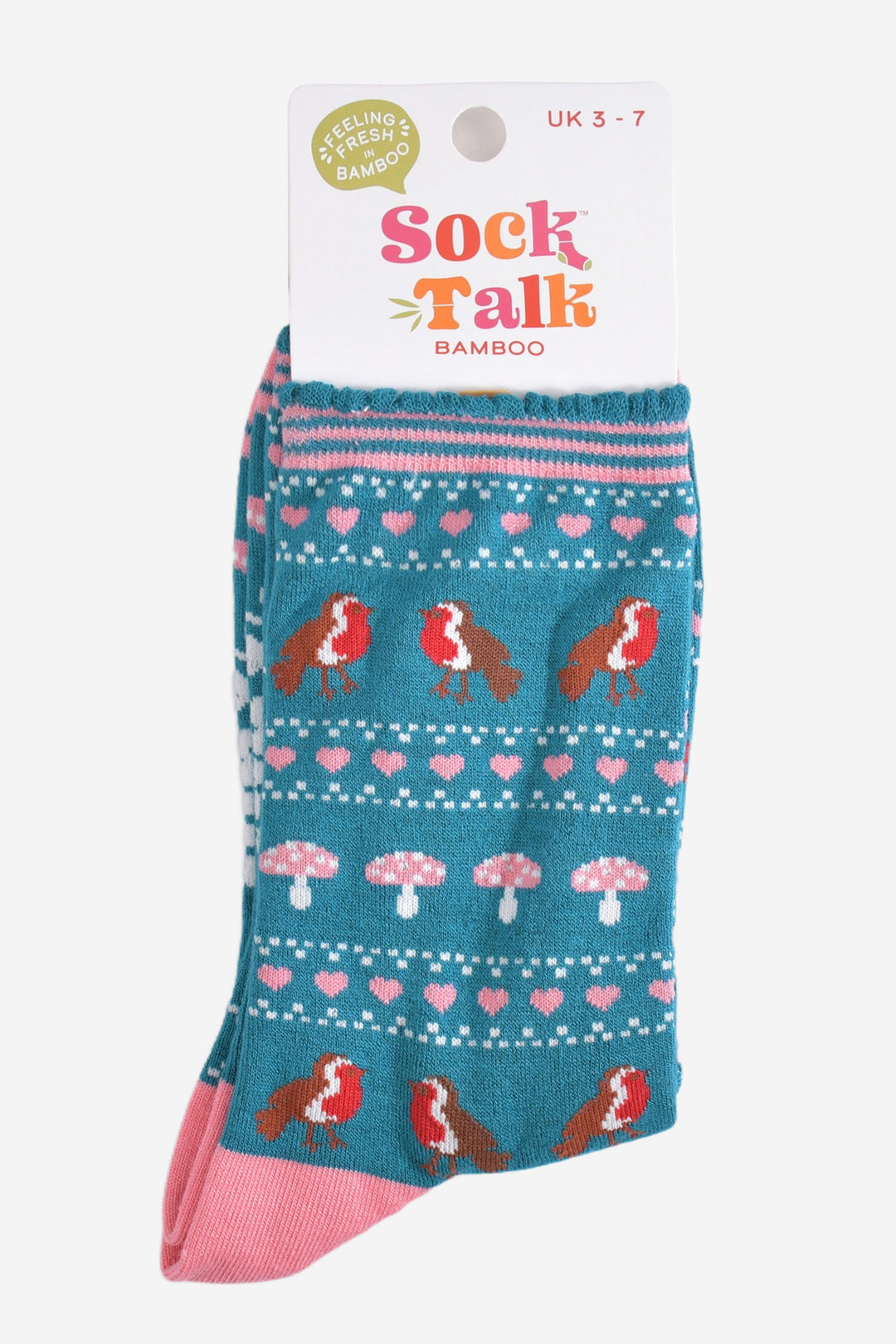 robin fair isle bamboo socks in their sock talk packaging, these socks are a uk size 3-7
