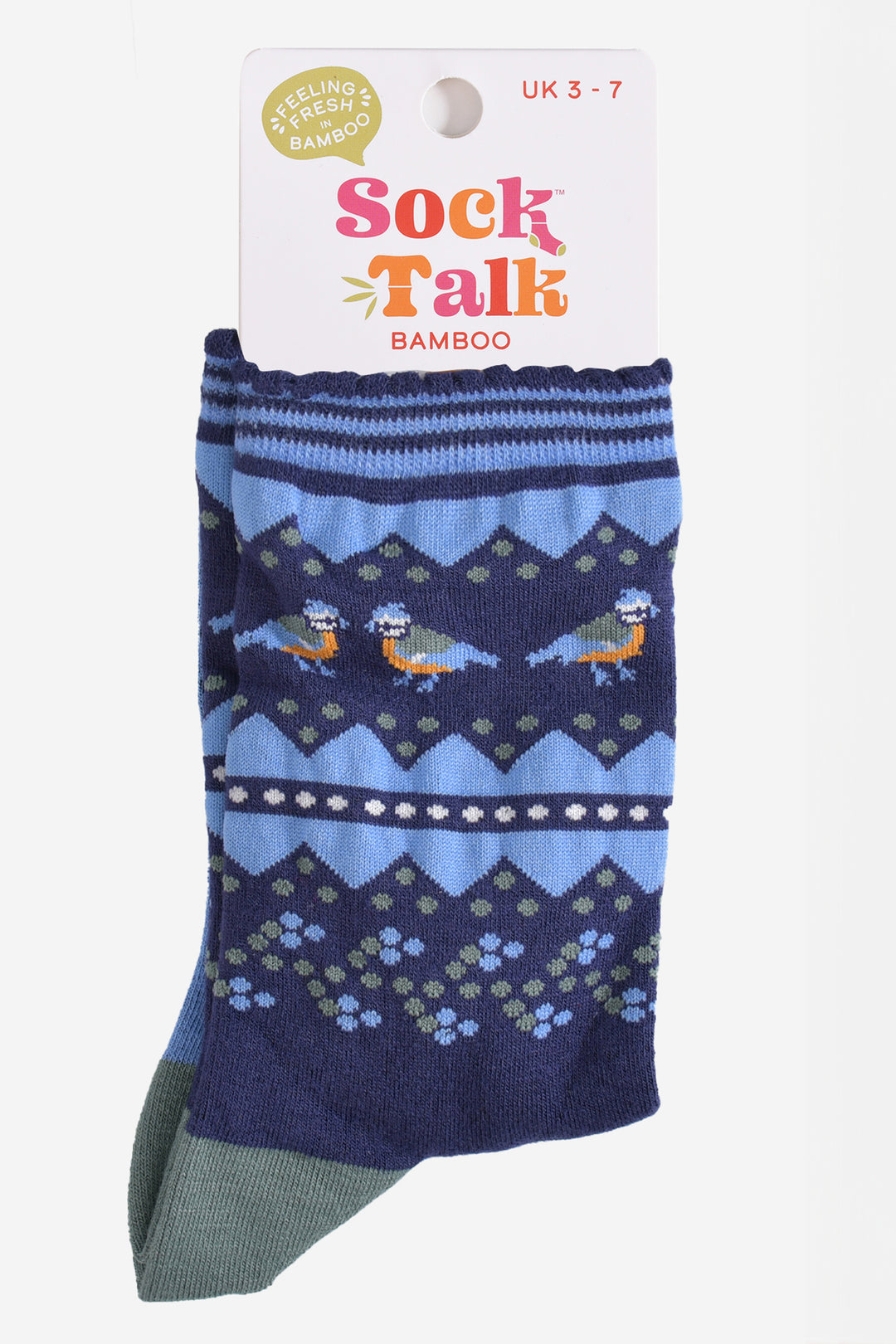 fair isle blue tit bird bamboo socks in their sock talk packaging, these socks are a uk size 3-7