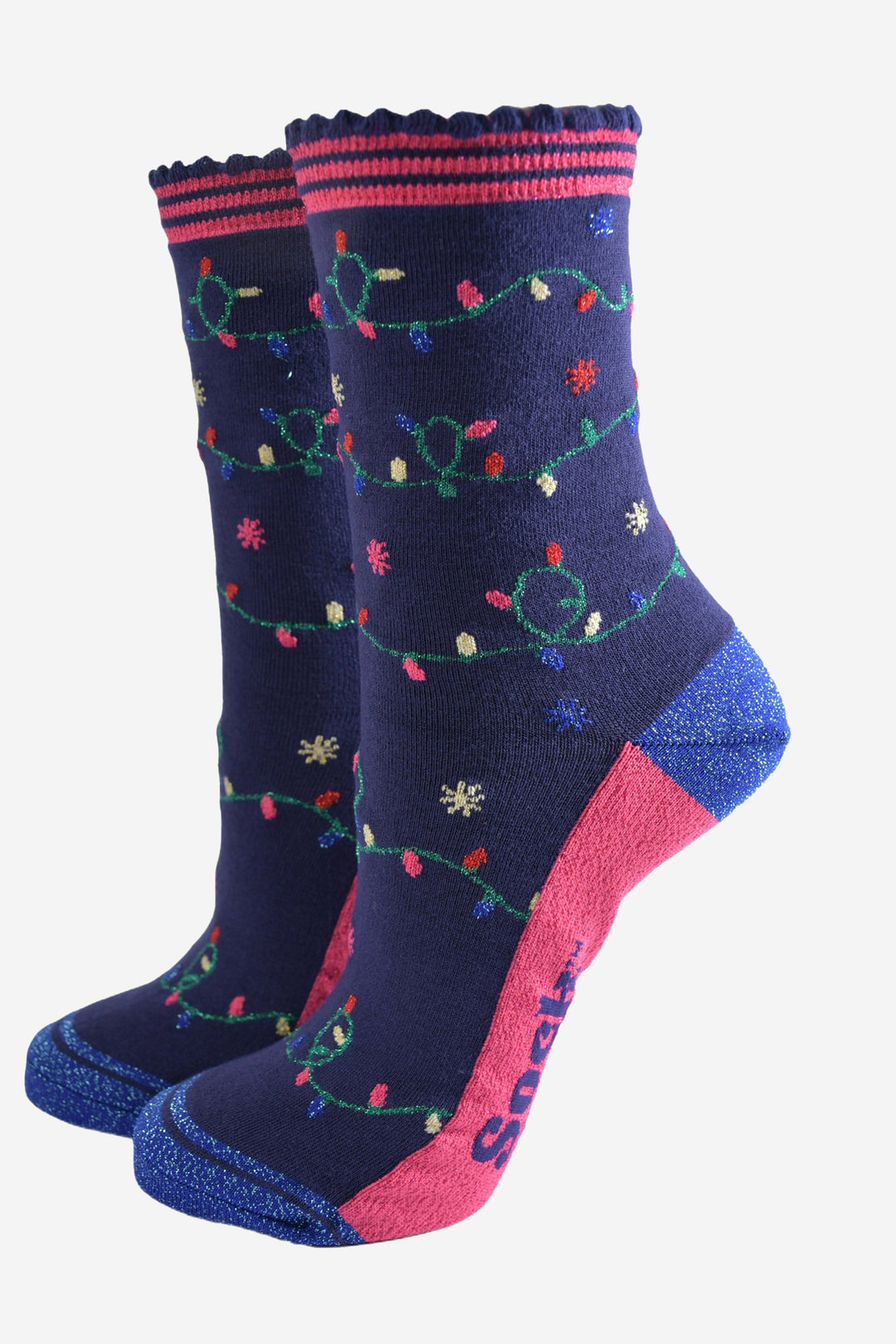 navy blue socks with blue glitter heel and toe with an all over pattern of colourful party lights on a string