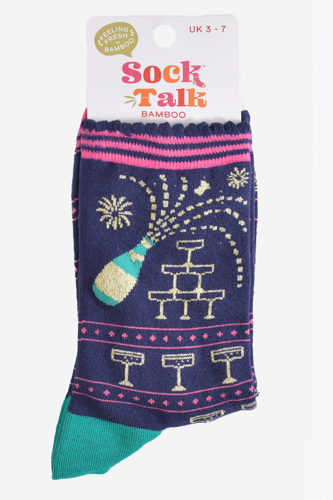 champagne celebration bamboo socks in their sock talk packaging, these socks are a uk size 3-7