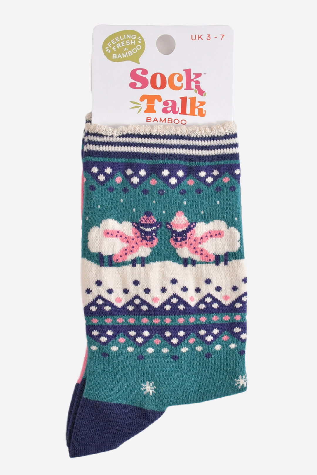 sheep fair isle bamboo socks in their sock talk packaging, these socks are a uk size 3-7