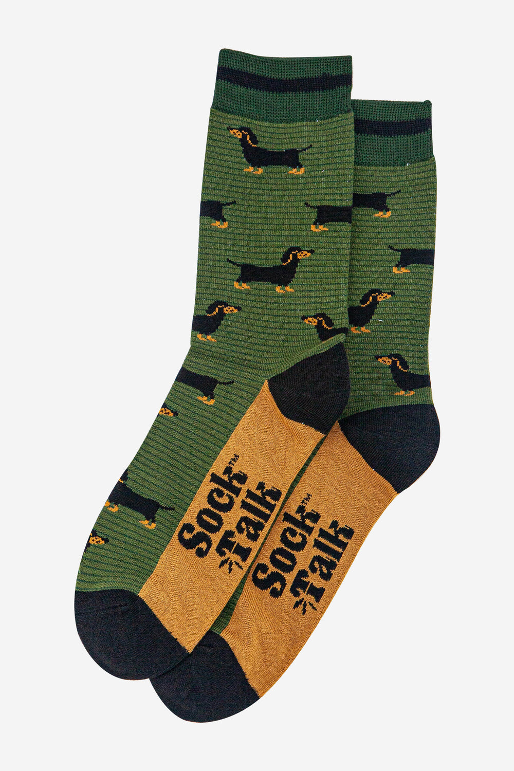 mens-bamboo-socks-khaki-dark-green-sausage-dog-stripes-laying-flat