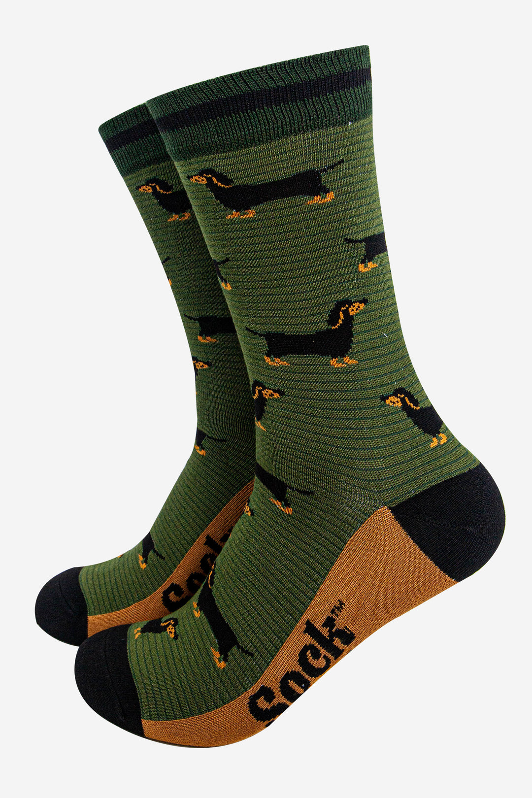 mens-bamboo-socks-khaki-dark-green-sausage-dog-stripes-dachshunds