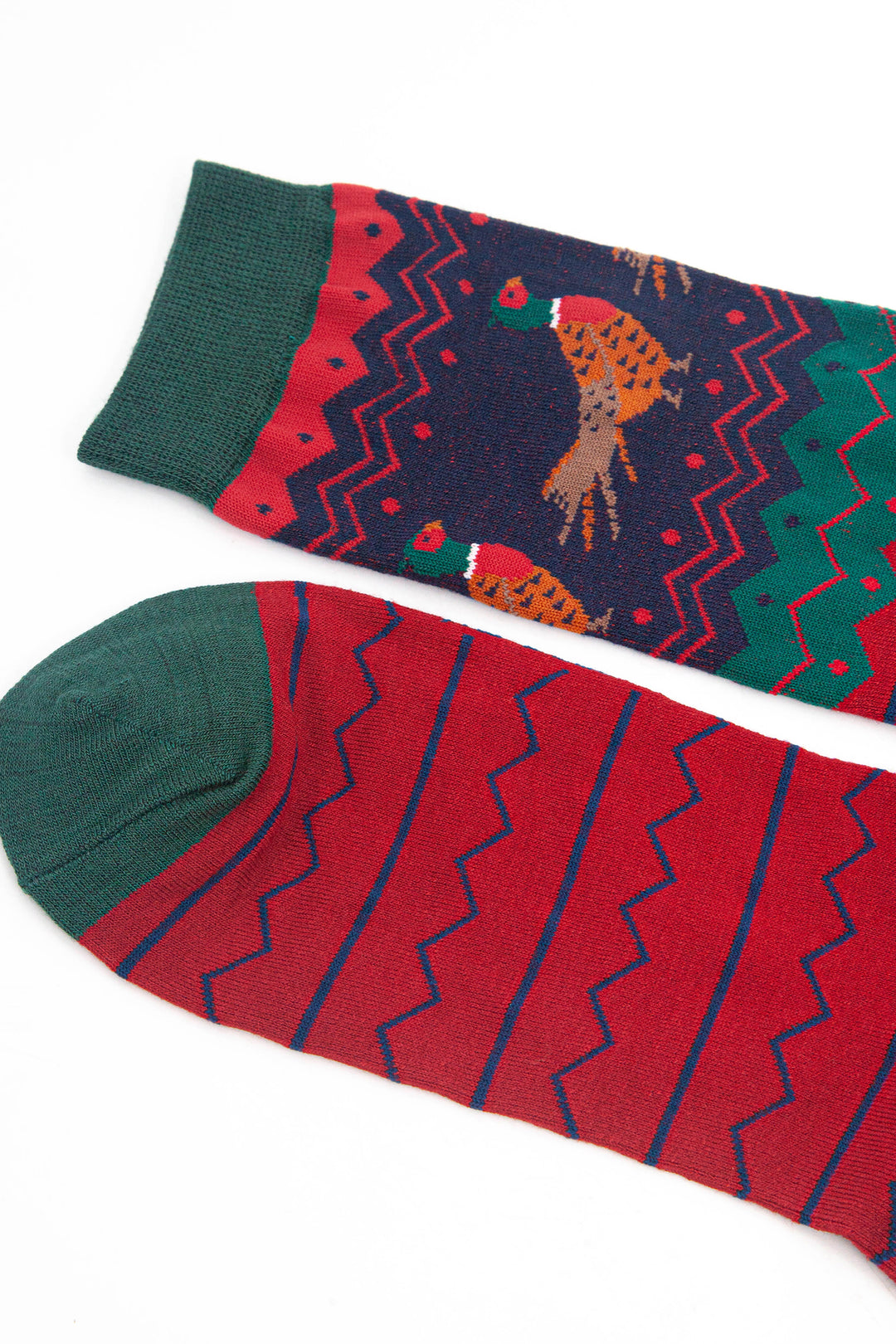 close up of the toe and cuff of the pheasant socks, they are green.