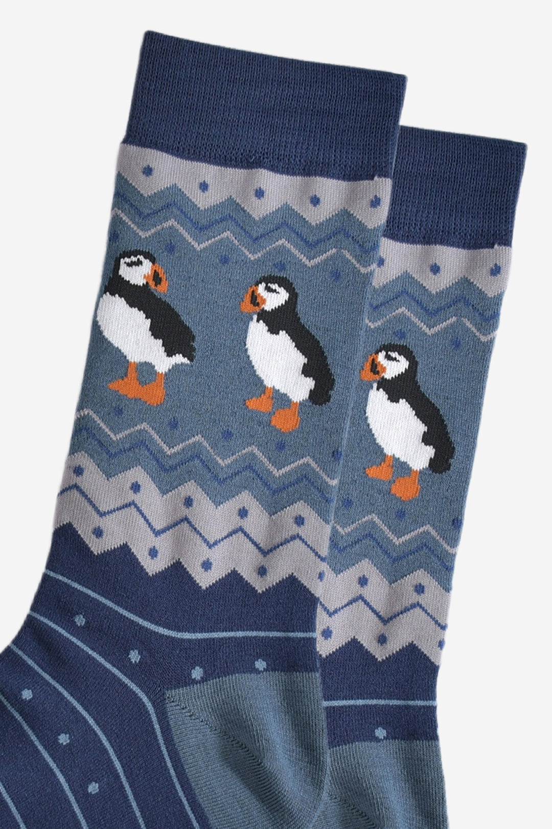 close up of the puffins on the ankle of the socks, there are two birds shown on each side of the sock