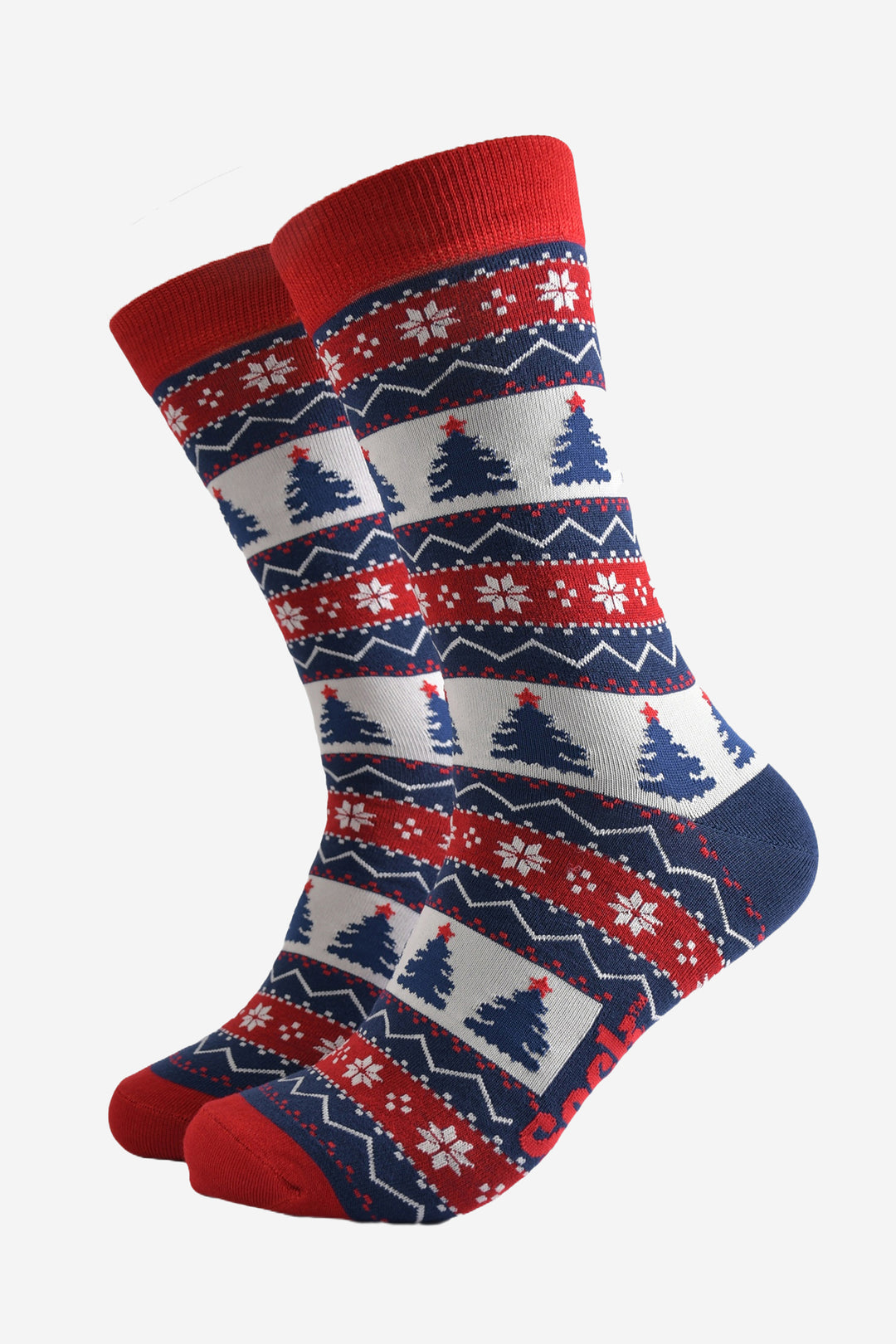 red, blue and white fair isle pattern crew socks featuring xmas trees and snowflakes in the design