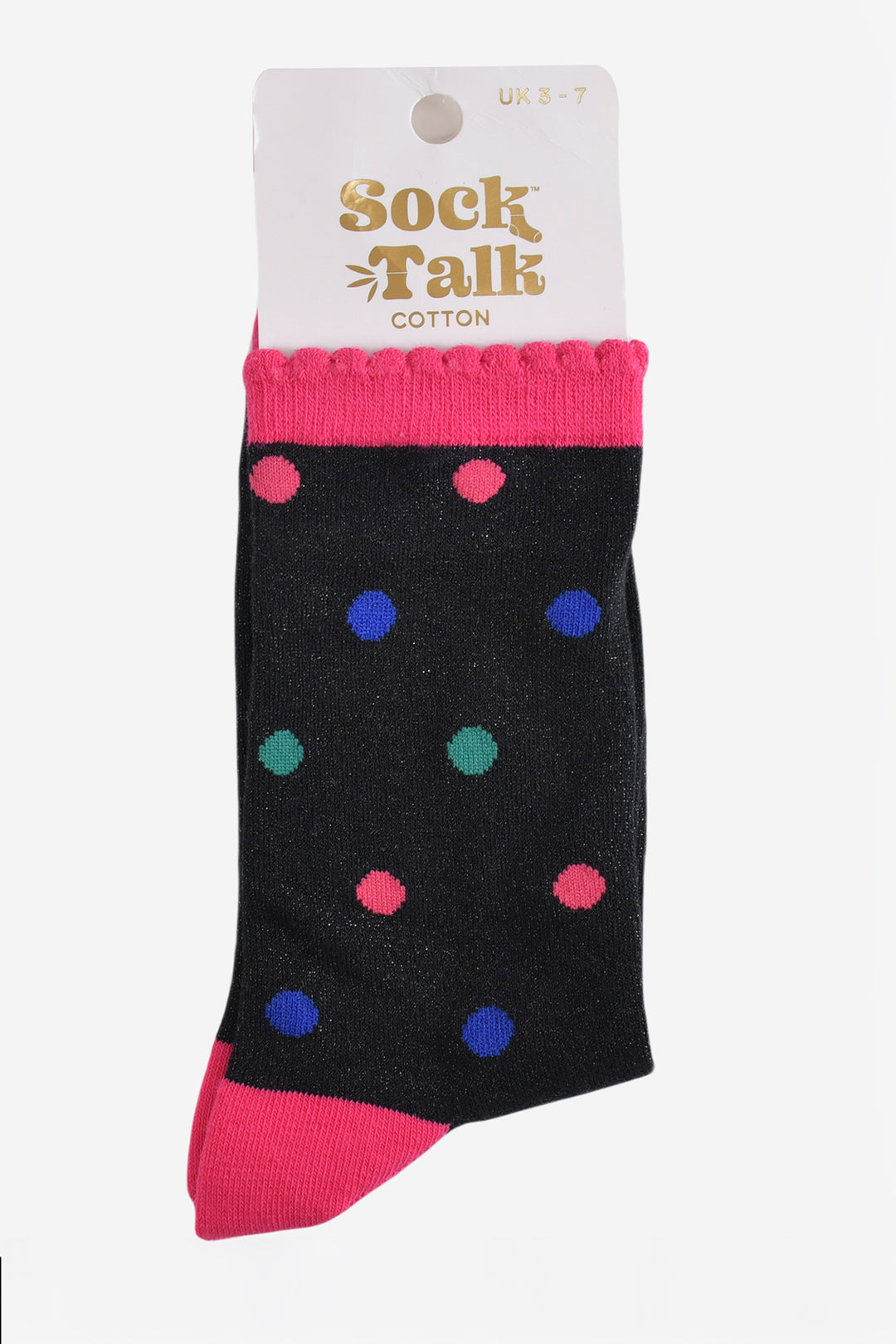 multicoloured polka dot glitter socks in their sock talk packaging, the socks are a uk size 3-7