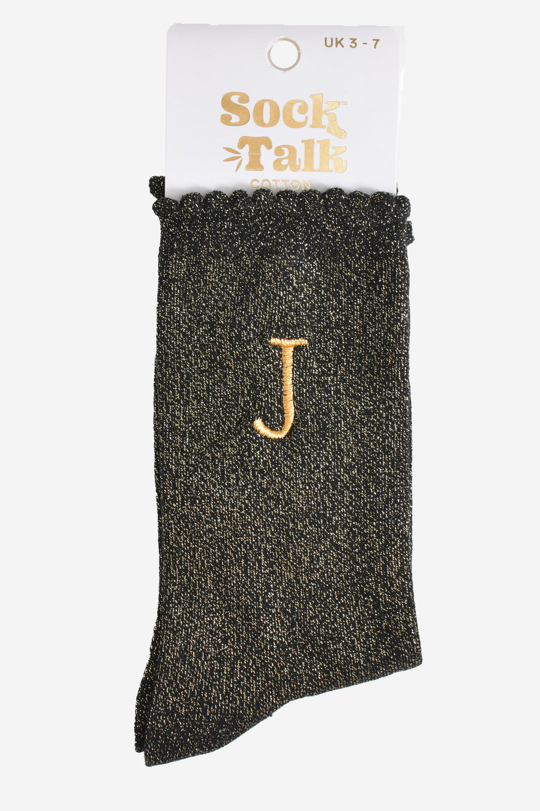 embroidered glitter letter j cotton ankle socks in their sock talk packaging, the socks are a uk size 3-7