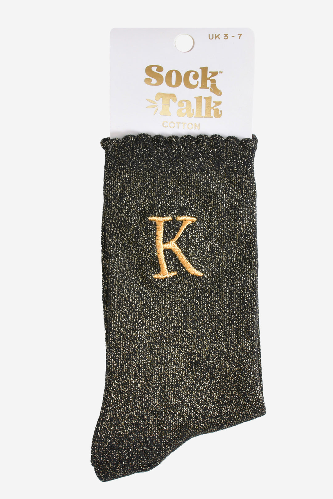 embroidered glitter letter k cotton ankle socks in their sock talk packaging, the socks are a uk size 3-7