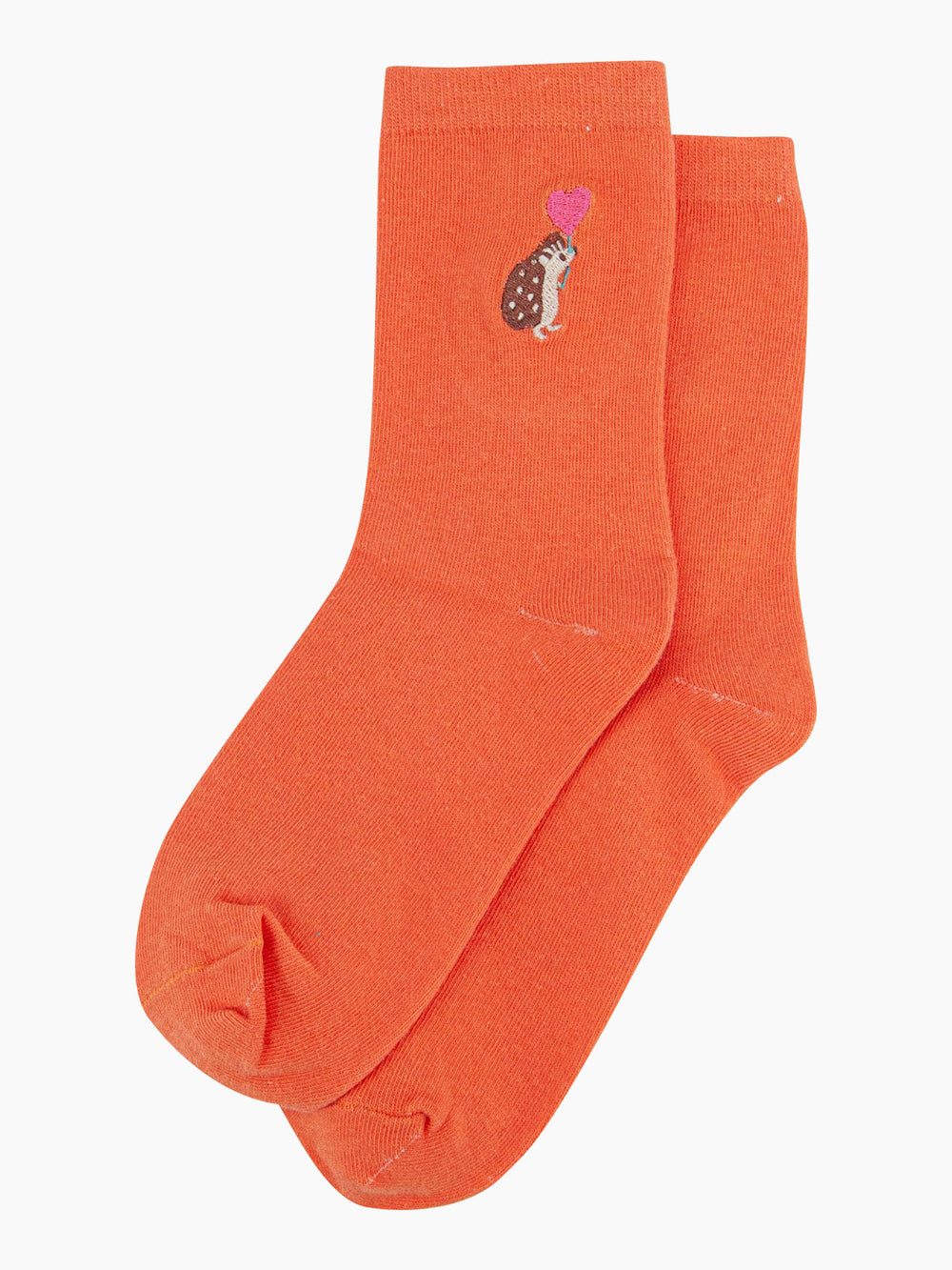 womens-embroidered-socks-orange-hedgehog-heart-balloon-laying-flat