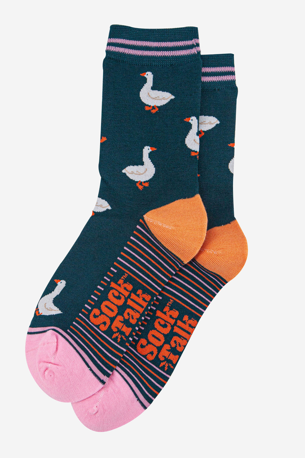 womens-bamboo-socks-forest-green-pink-silly-goose-laying-flat
