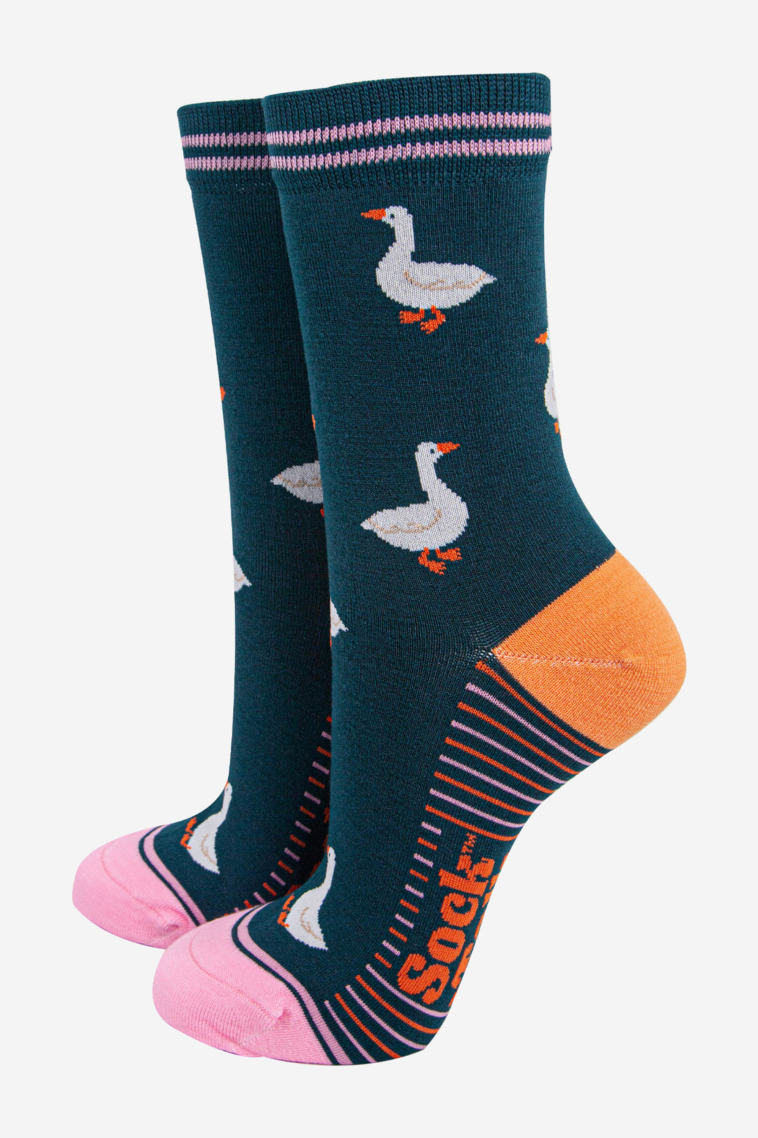 womens-bamboo-socks-forest-green-pink-silly-goose-birds