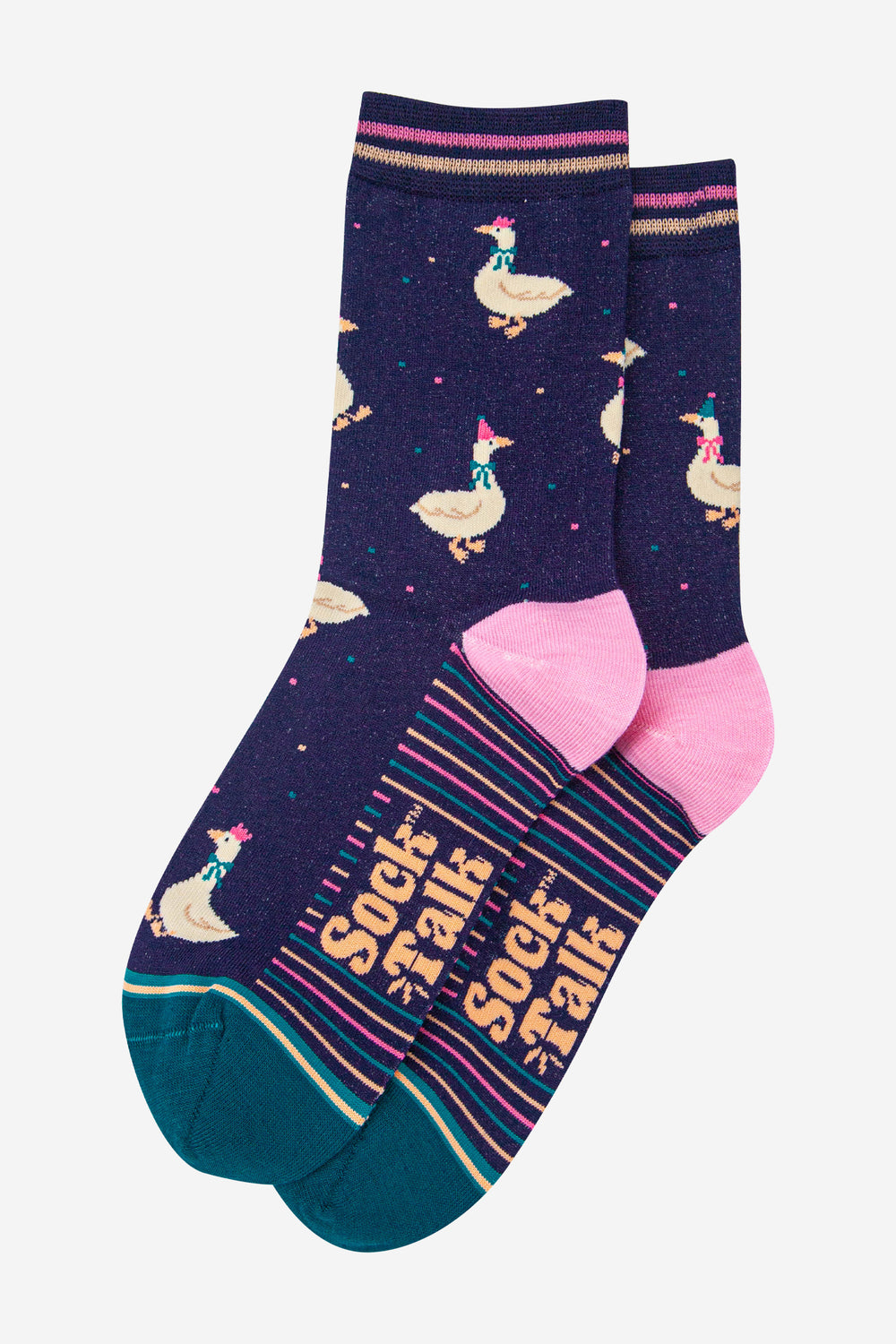 womens-bamboo-socks-navy-blue-teal-silly-goose-laying-flat