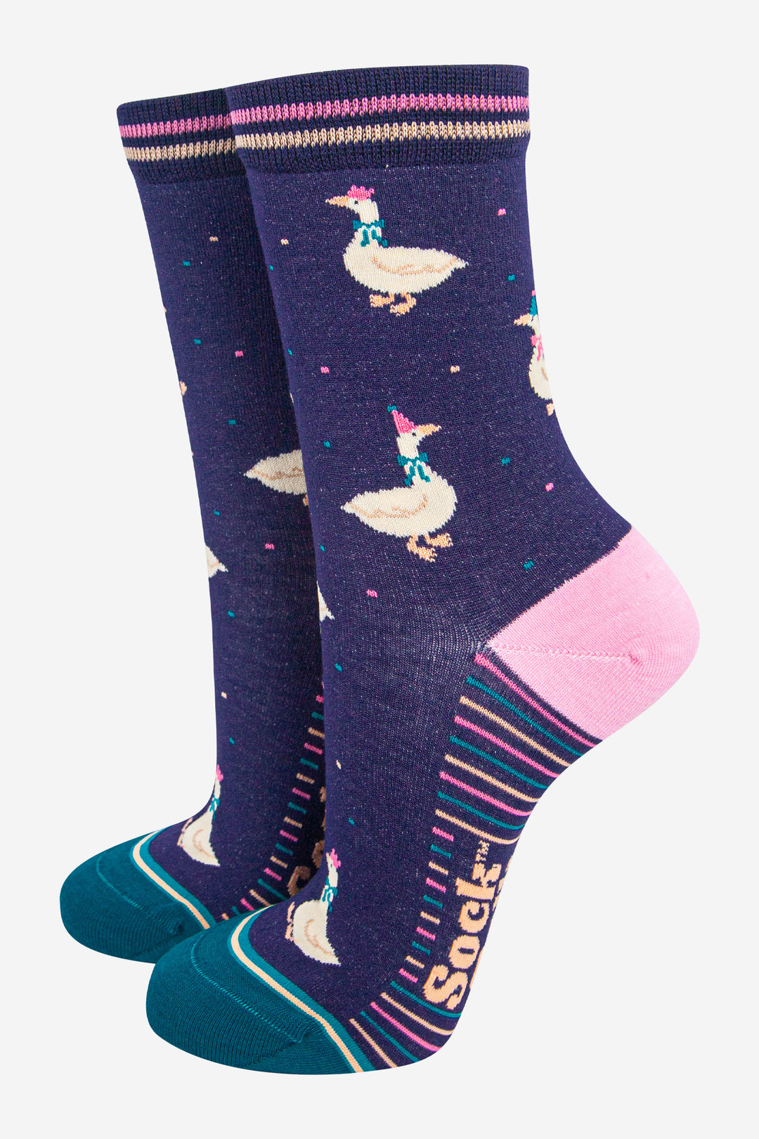 womens-bamboo-socks-navy-blue-teal-silly-goose-party-fun